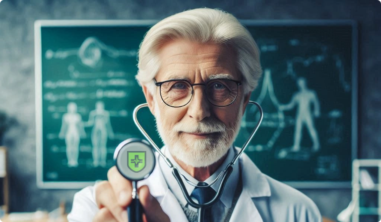 Doctor showing a stethoscope having anatomedia's green neon shield logo on it